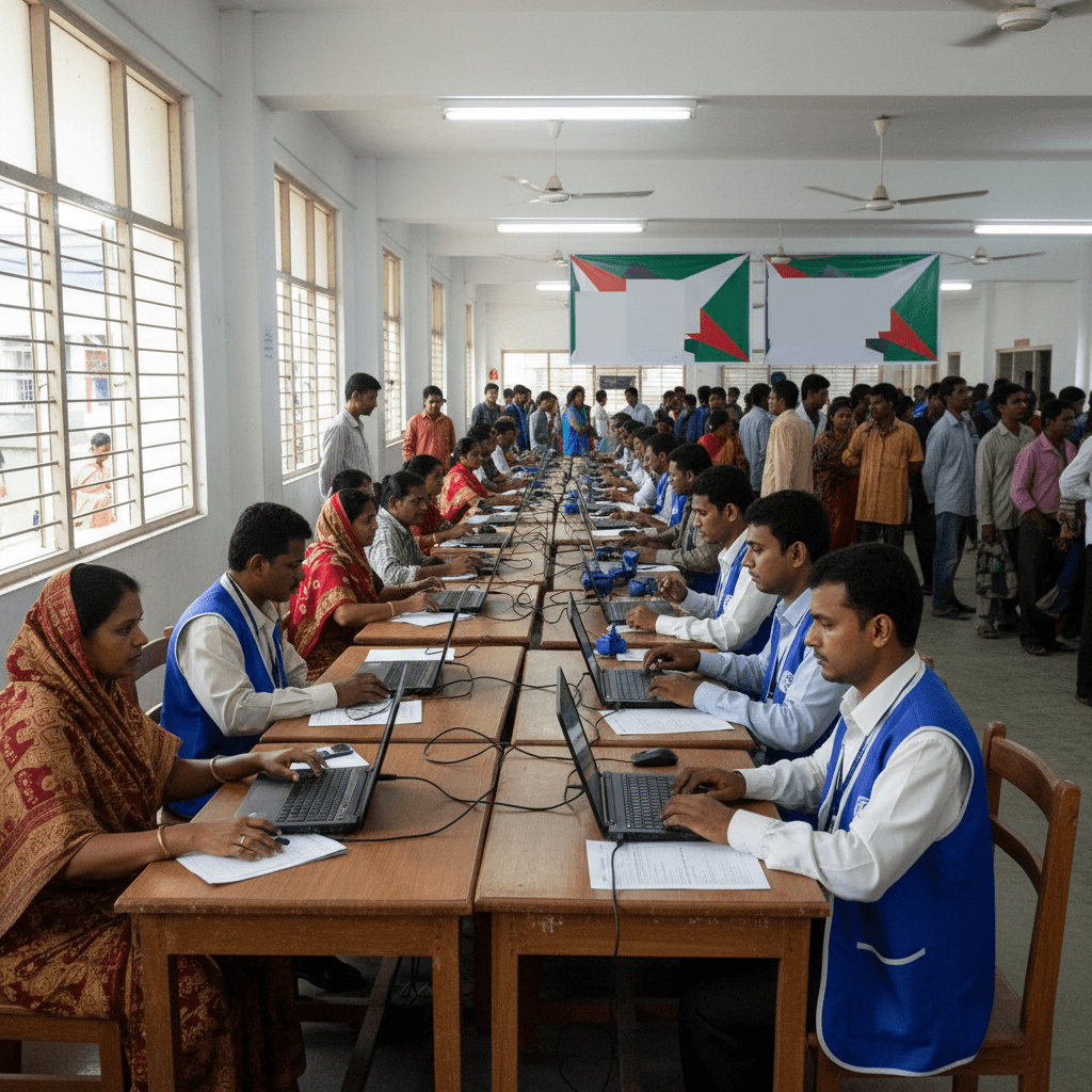 A photo-realistic scene of a biometric voter registration center in South Asia with officials using laptops and cameras.