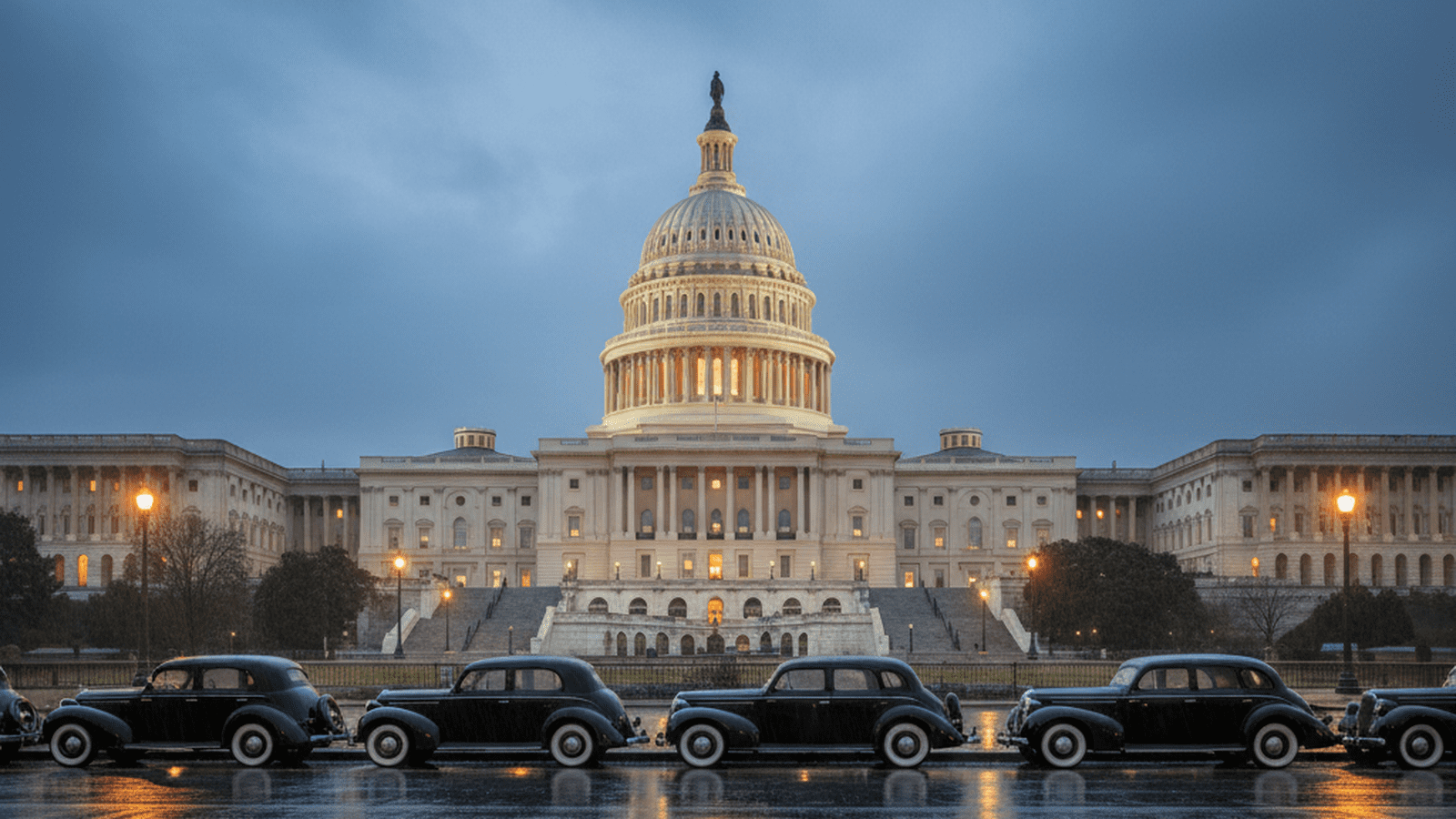 A photo-realistic evening view of the United States Capitol building in the 1930s with vintage cars on a wet street.