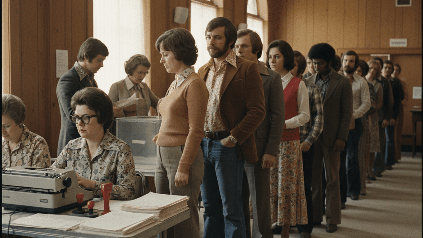A 1974 scene of voters and poll workers inside a Minnesota community center during the first year of same-day registration.