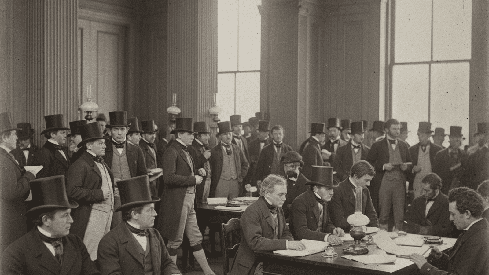 A sepia-toned depiction of 19th-century American legislators debating in a Federal-style hall.