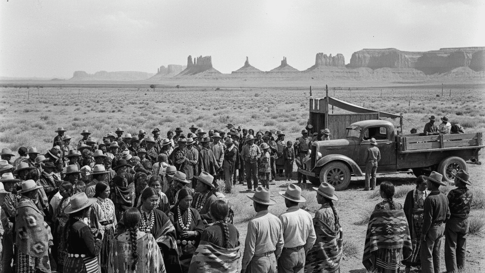 A 1935 monochrome photo shows Navajo tribal members gathering near a wooden polling station in the Arizona desert during the Indian Reorganization Act referendum.