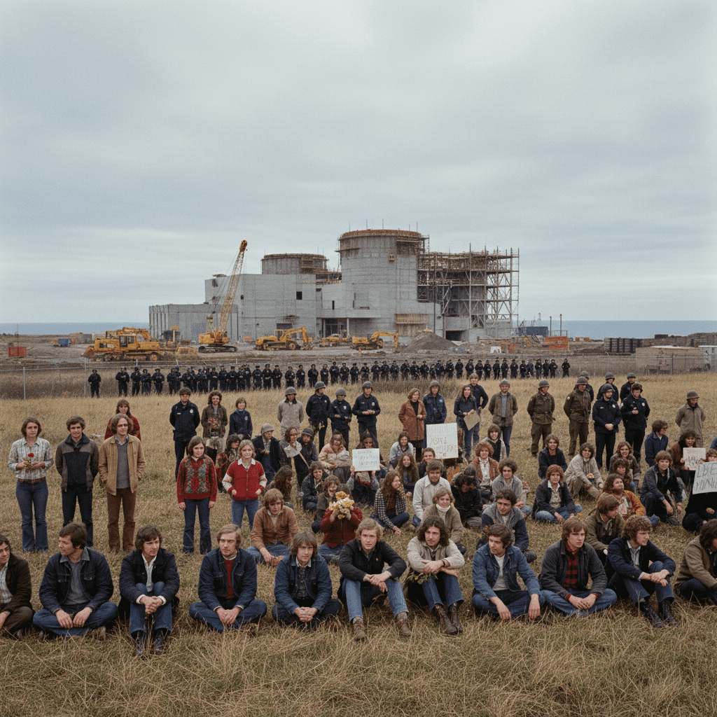 A large group of 1970s protesters gathered at a nuclear power plant construction site facing a line of state police and National Guard members.