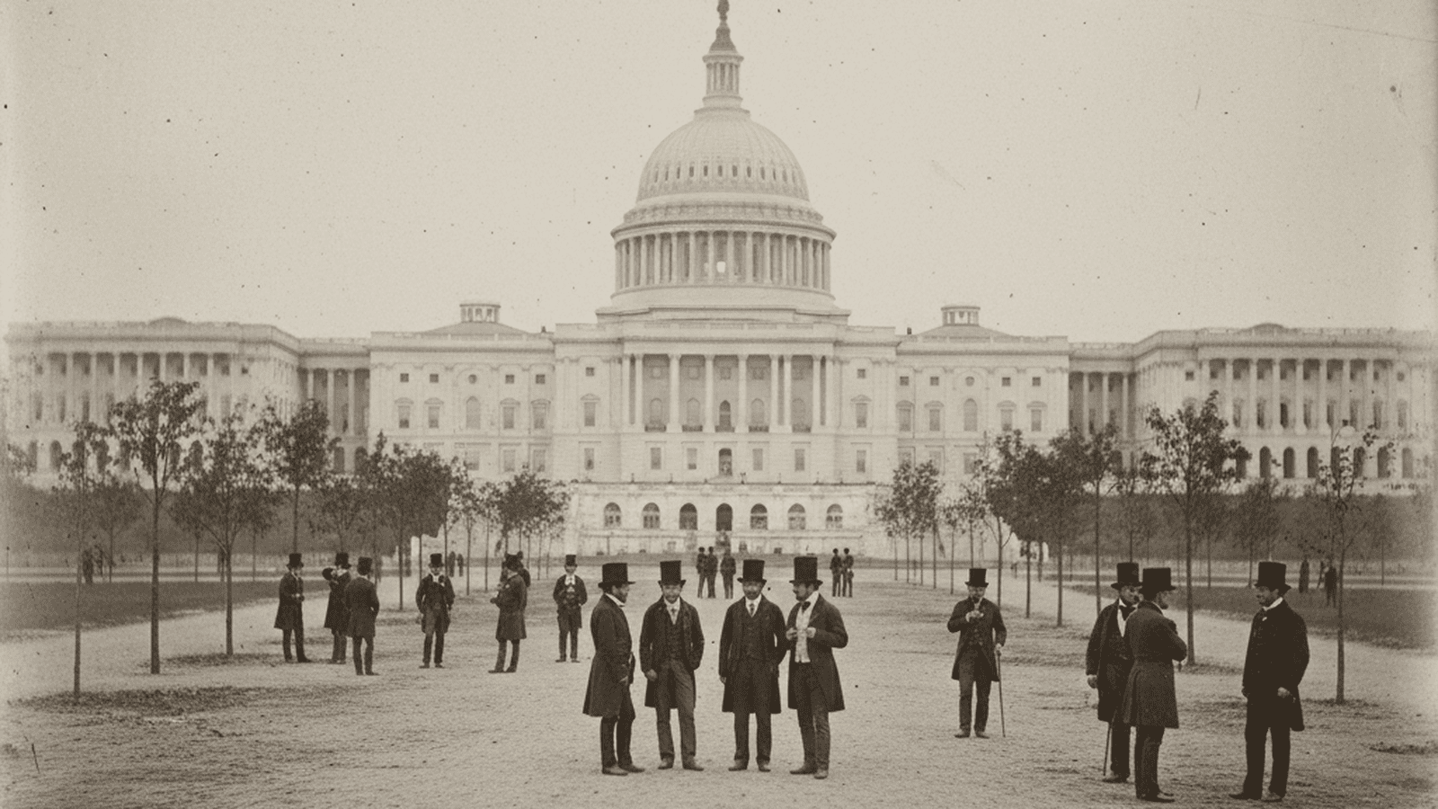 A historical depiction of the United States Capitol in the 1830s with figures in period dress.