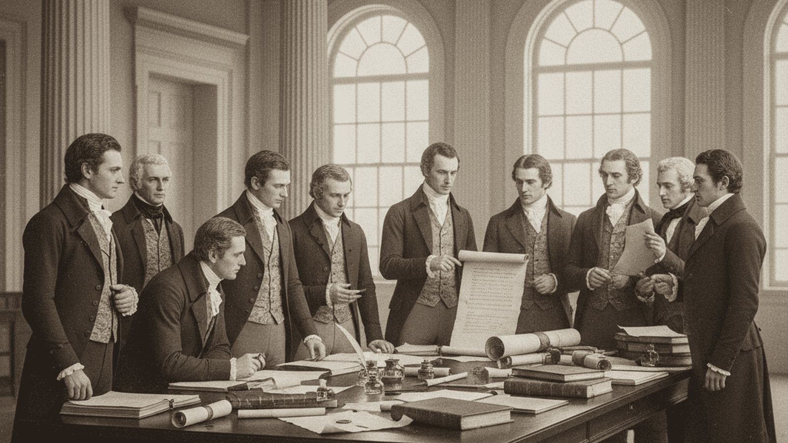 A group of men in early 19th-century clothing discuss documents in a federal-style room in 1804.