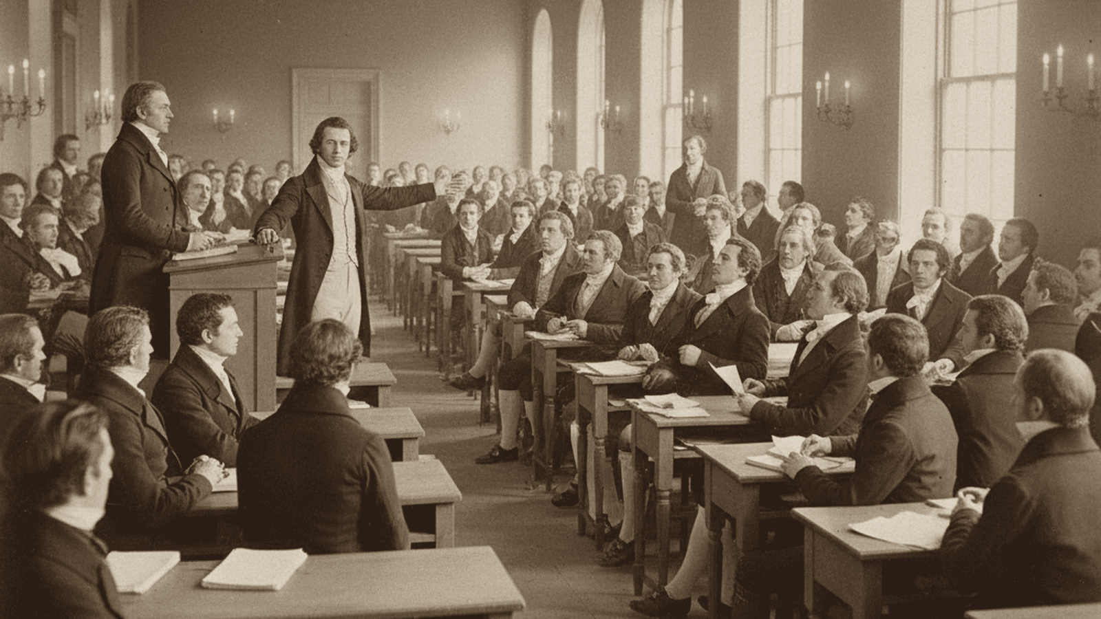 A historical recreation of the 1811 U.S. House of Representatives showing Henry Clay and the War Hawks in debate.