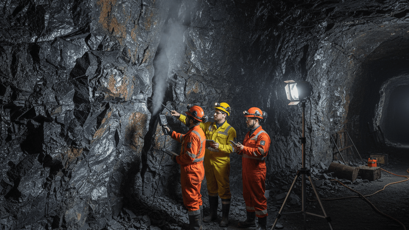 Geologists measuring gas flow in a deep underground mine in Albania.