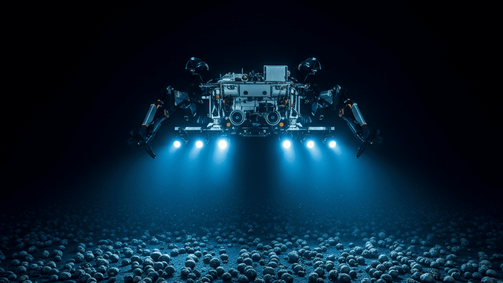 A deep-sea submersible explores a field of polymetallic nodules on the dark ocean floor.