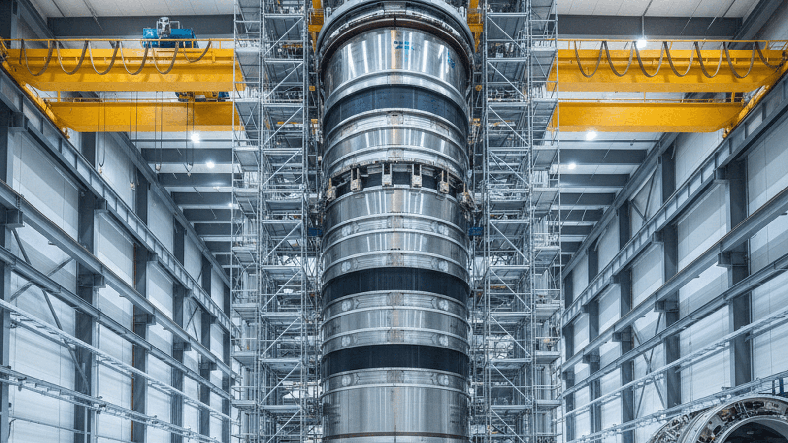A massive cylindrical superconducting magnet being assembled inside a high-tech industrial facility.