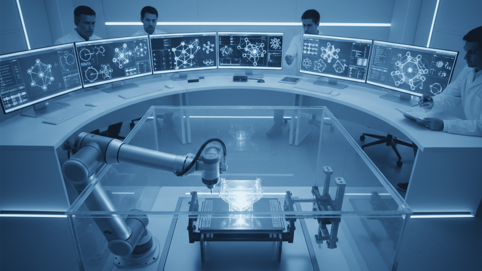 A robotic arm in a cleanroom laboratory works on a new solid-state battery component.
