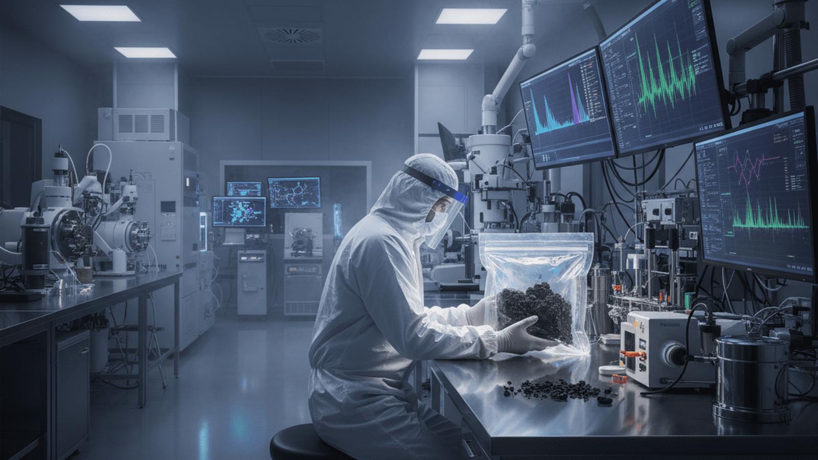 A scientist in a cleanroom examines dark asteroid samples from the OSIRIS-REx mission.