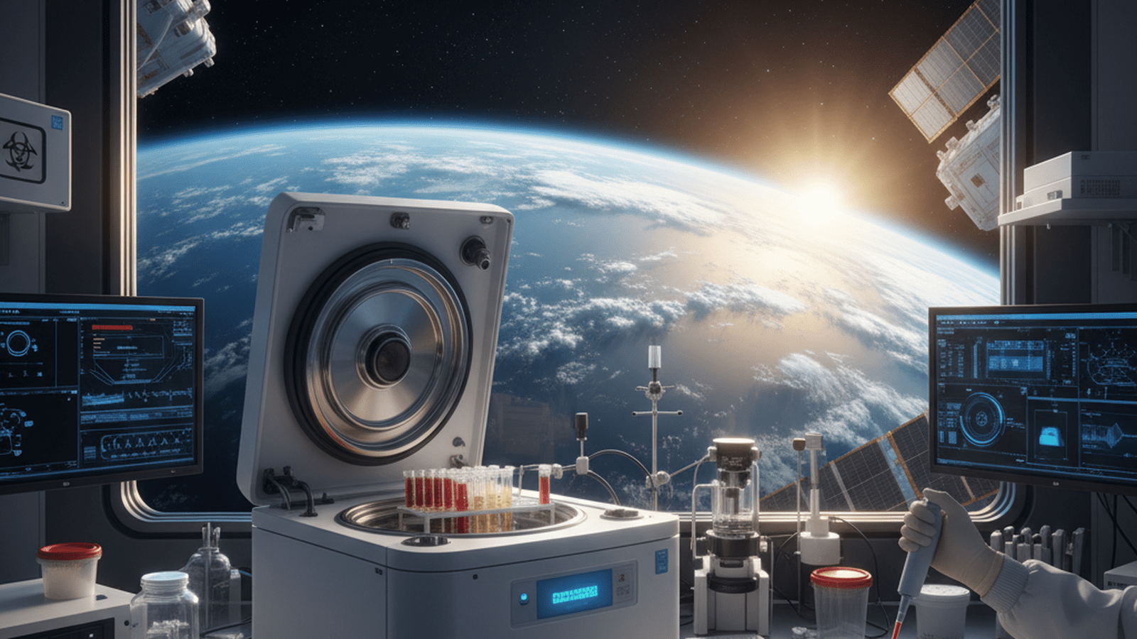 A sterile laboratory setting with medical equipment and a view of Earth from a space station window.
