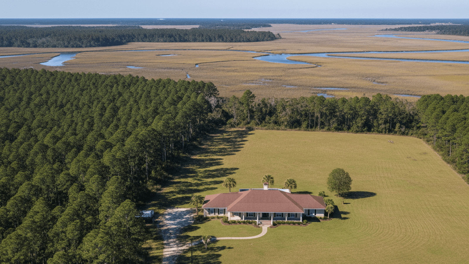 A scenic view of a rural Taylor County home surrounded by pine trees and natural Florida landscape.
