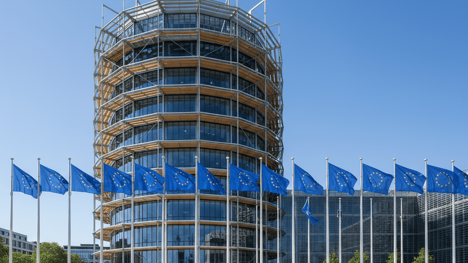 The European Council building in Brussels stands as a symbol of institutional order under a clear sky.