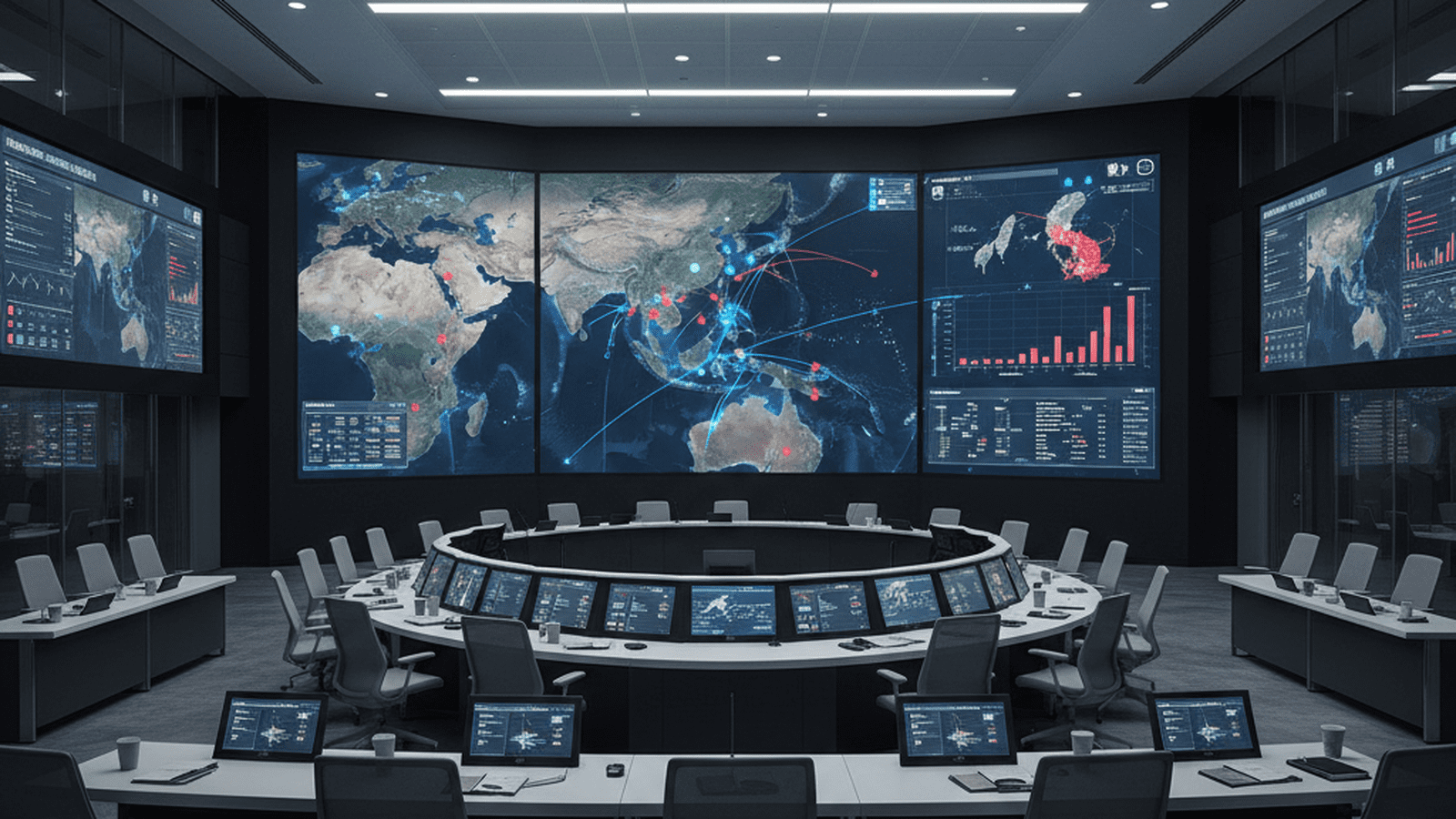 A high-tech government briefing room displays digital maps of East Asia on large screens.