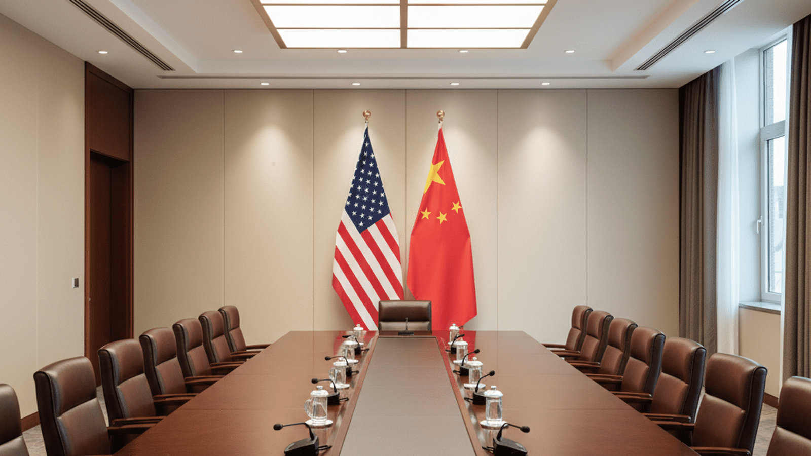 A formal international meeting room prepared for high-level diplomatic discussions between global powers.