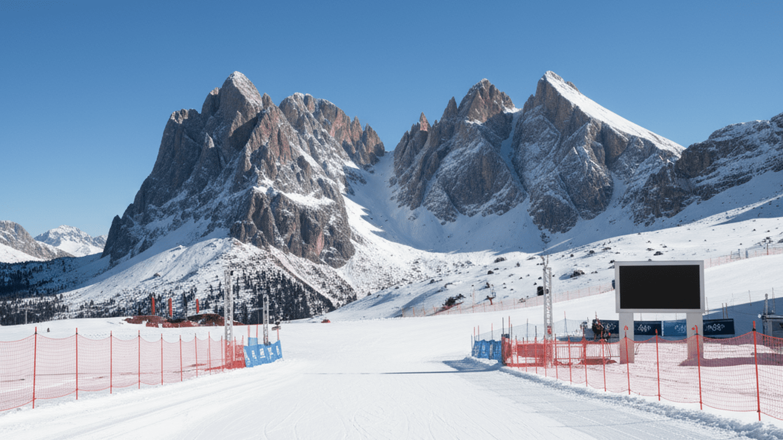 A high-tech Olympic ski finish area in the Italian Dolomites under a clear sky.