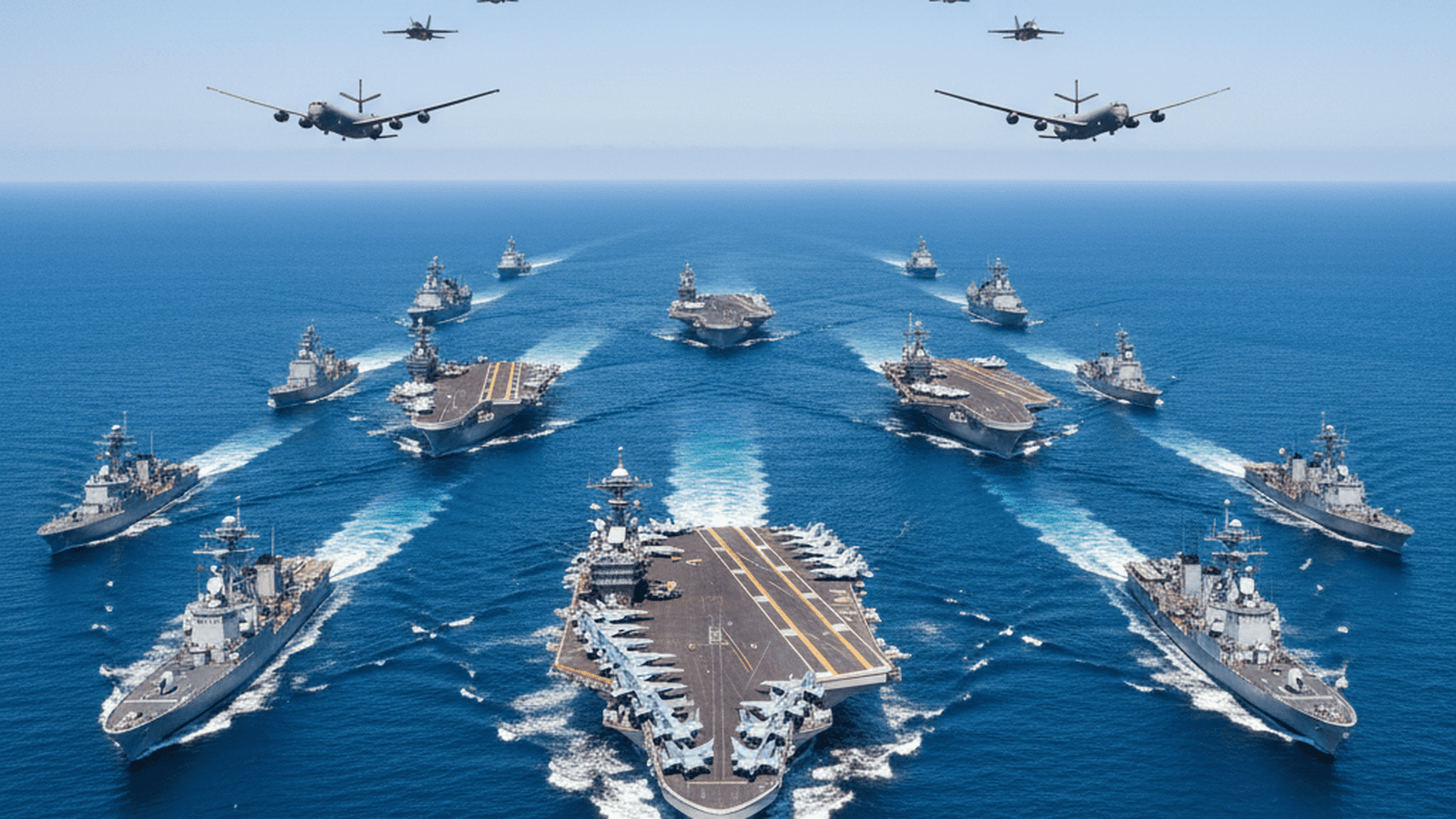 A massive naval fleet and air force formation move across the ocean in an orderly display of military power.