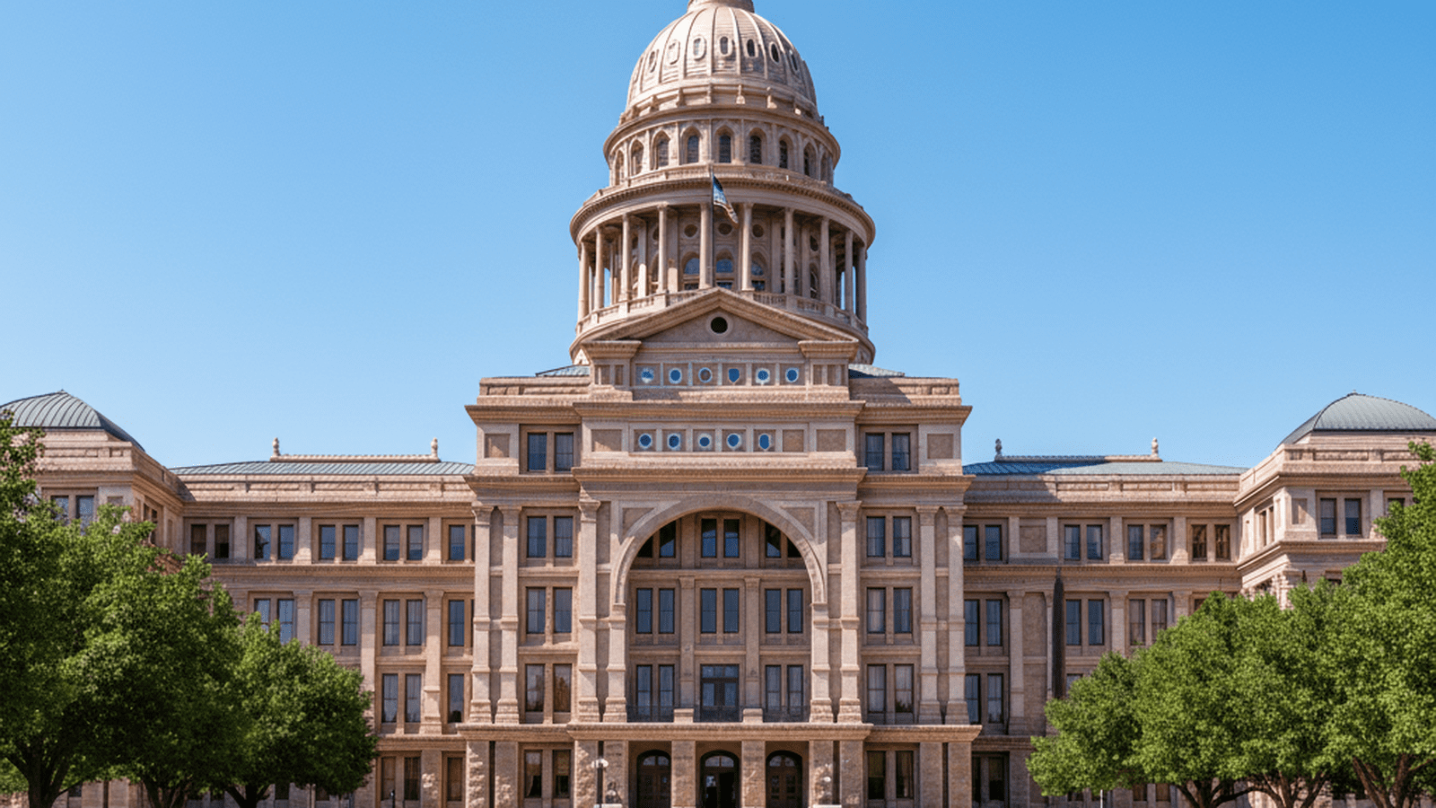 The Texas State Capitol building stands prominently in Austin under a bright, clear sky.