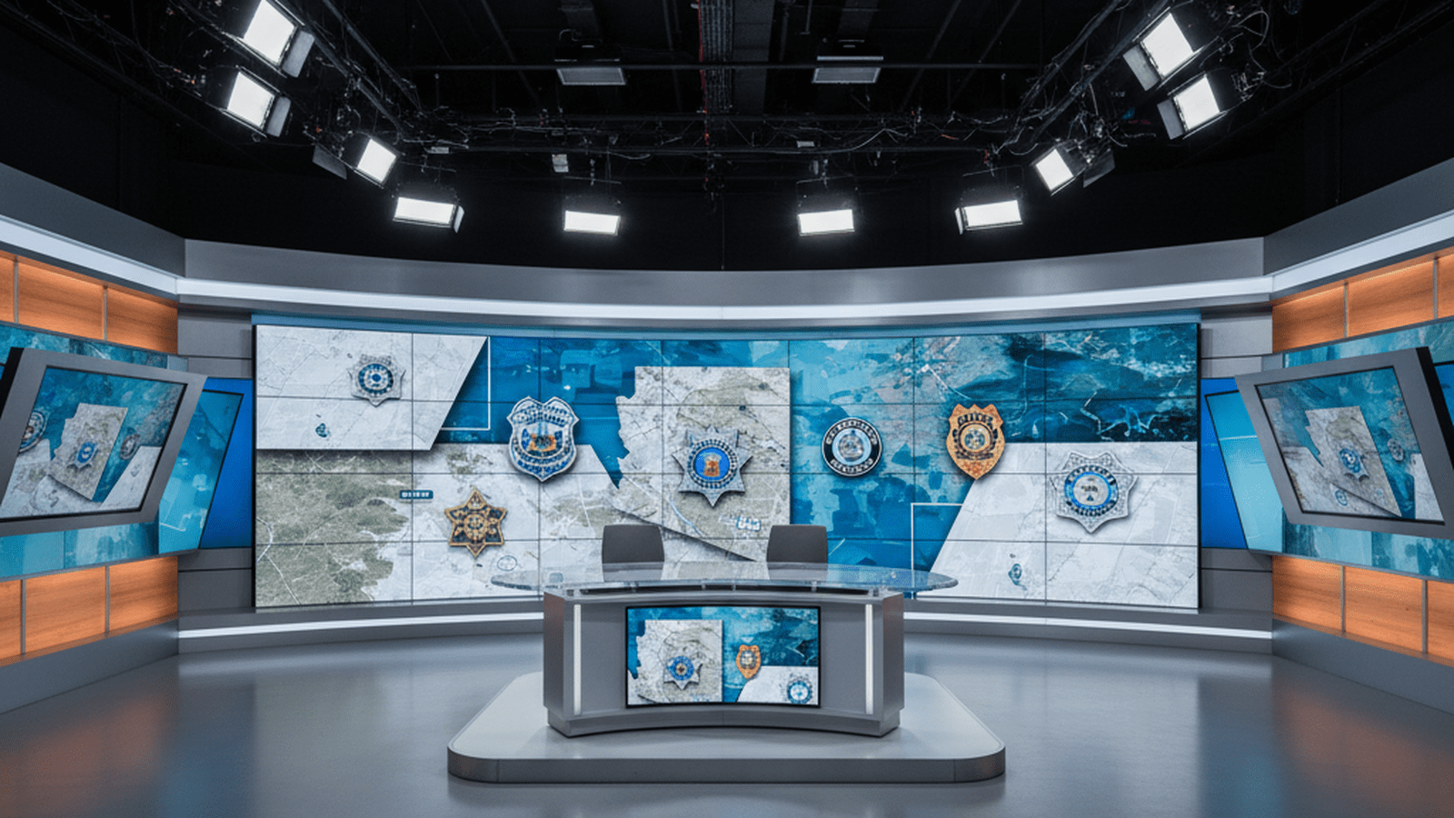 A brightly lit, empty television news studio with monitors showing maps and law enforcement logos.