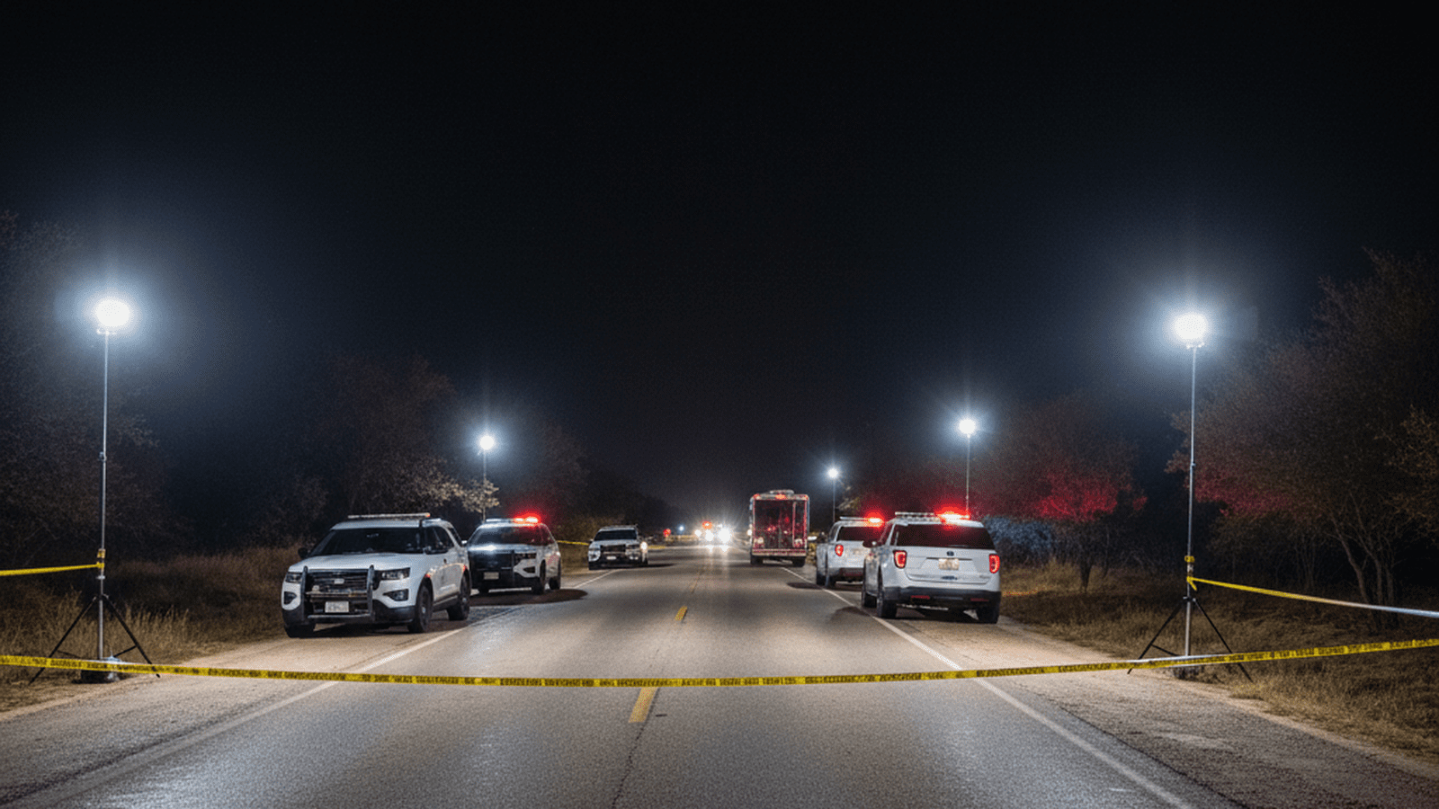 A secure and orderly law enforcement perimeter at a coastal intersection at night with flashing emergency lights.