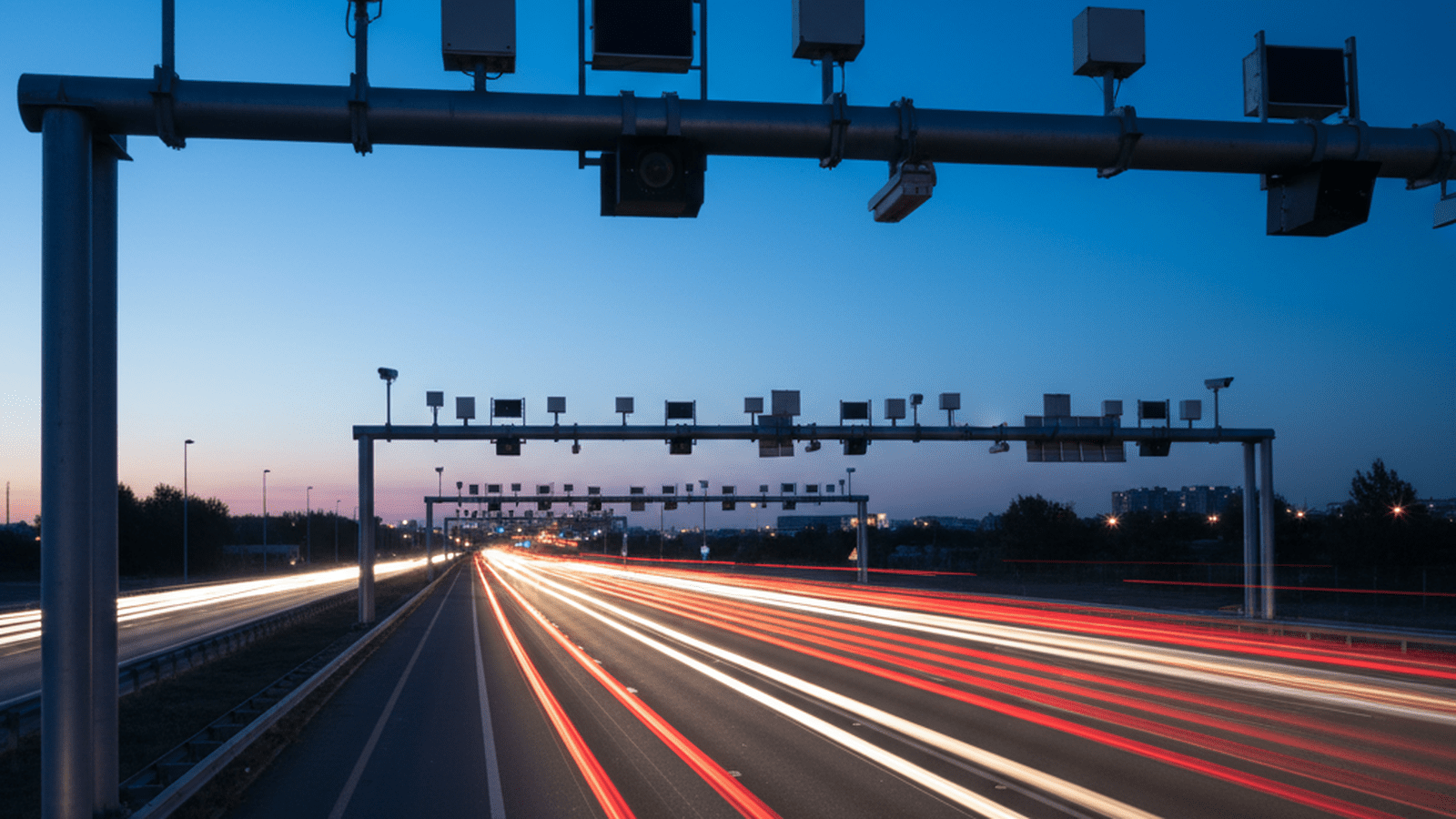 A high-tech highway surveillance system with cameras and sensors monitoring a busy road at night.