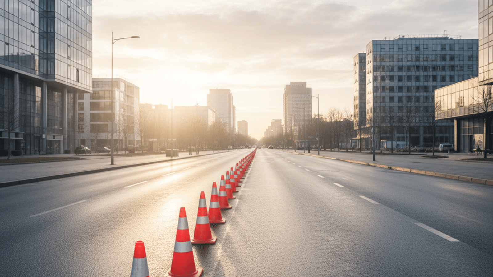 A quiet and orderly city street prepared for a new government initiative.