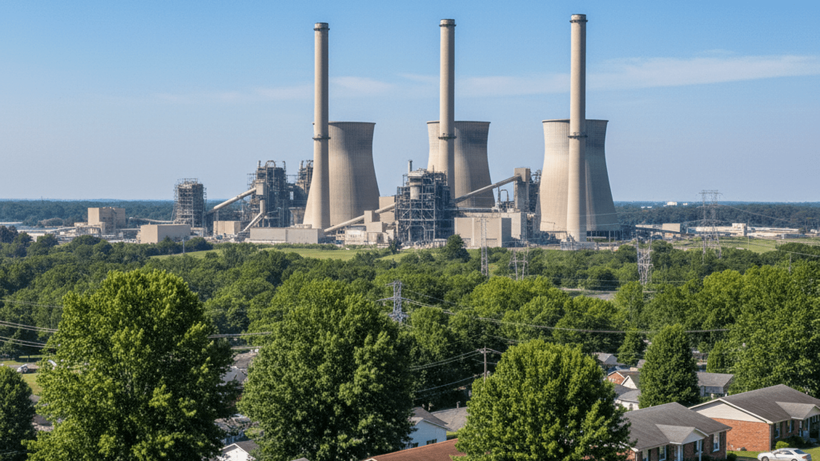 The smokestacks of the Kingston Fossil Plant tower over a residential neighborhood in Tennessee.