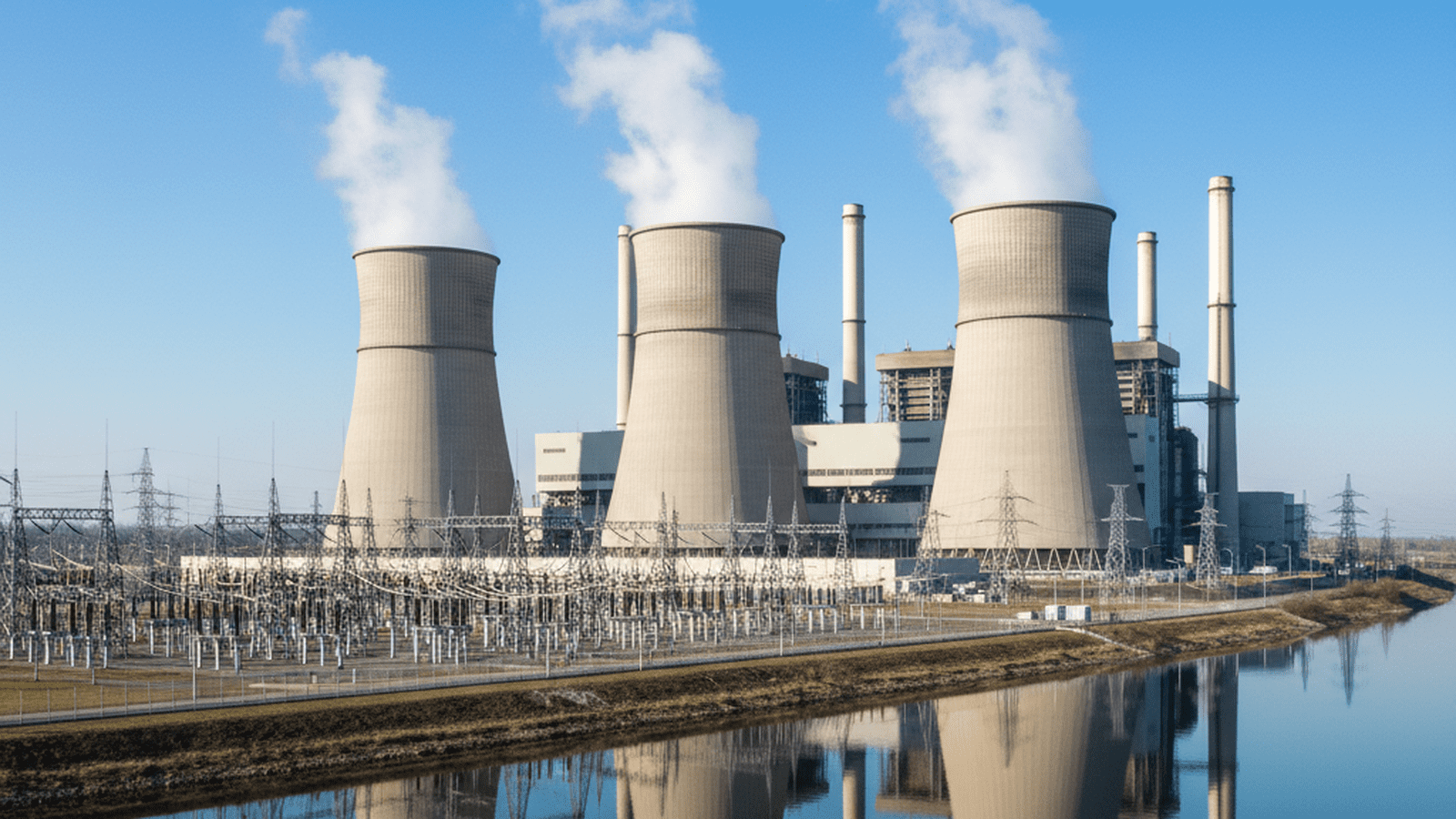 A large coal-fired power plant stands next to a river under a clear sky, representing industrial energy production.