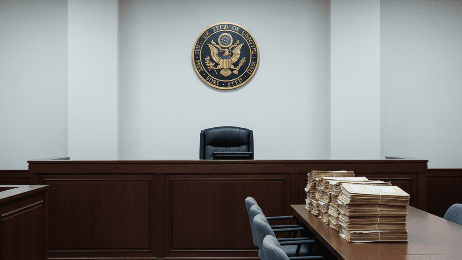 An empty, brightly lit federal courtroom with the United States seal and stacks of legal files on a table.