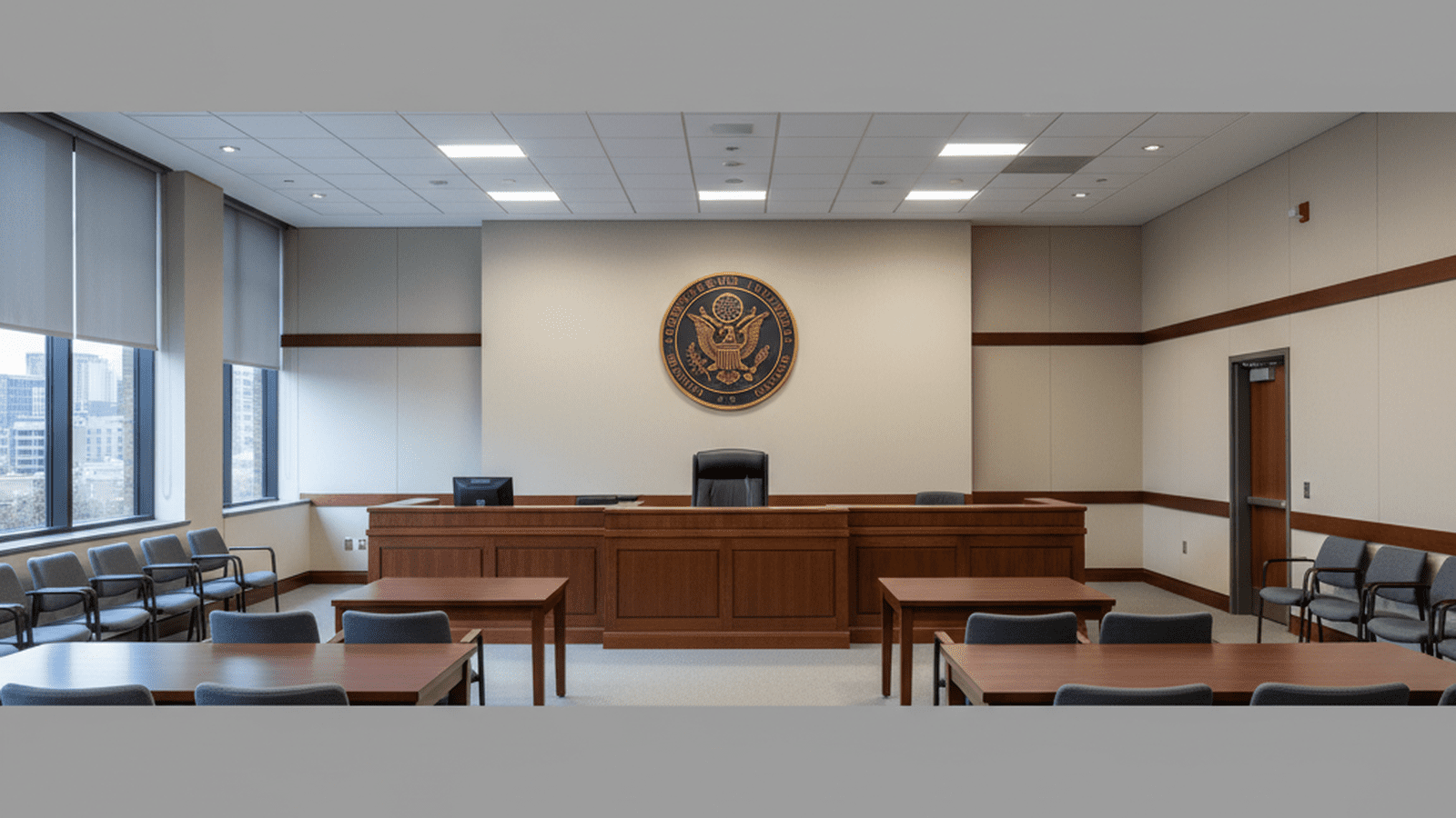 An empty federal courtroom in Minnesota with a large wooden bench and the United States seal.