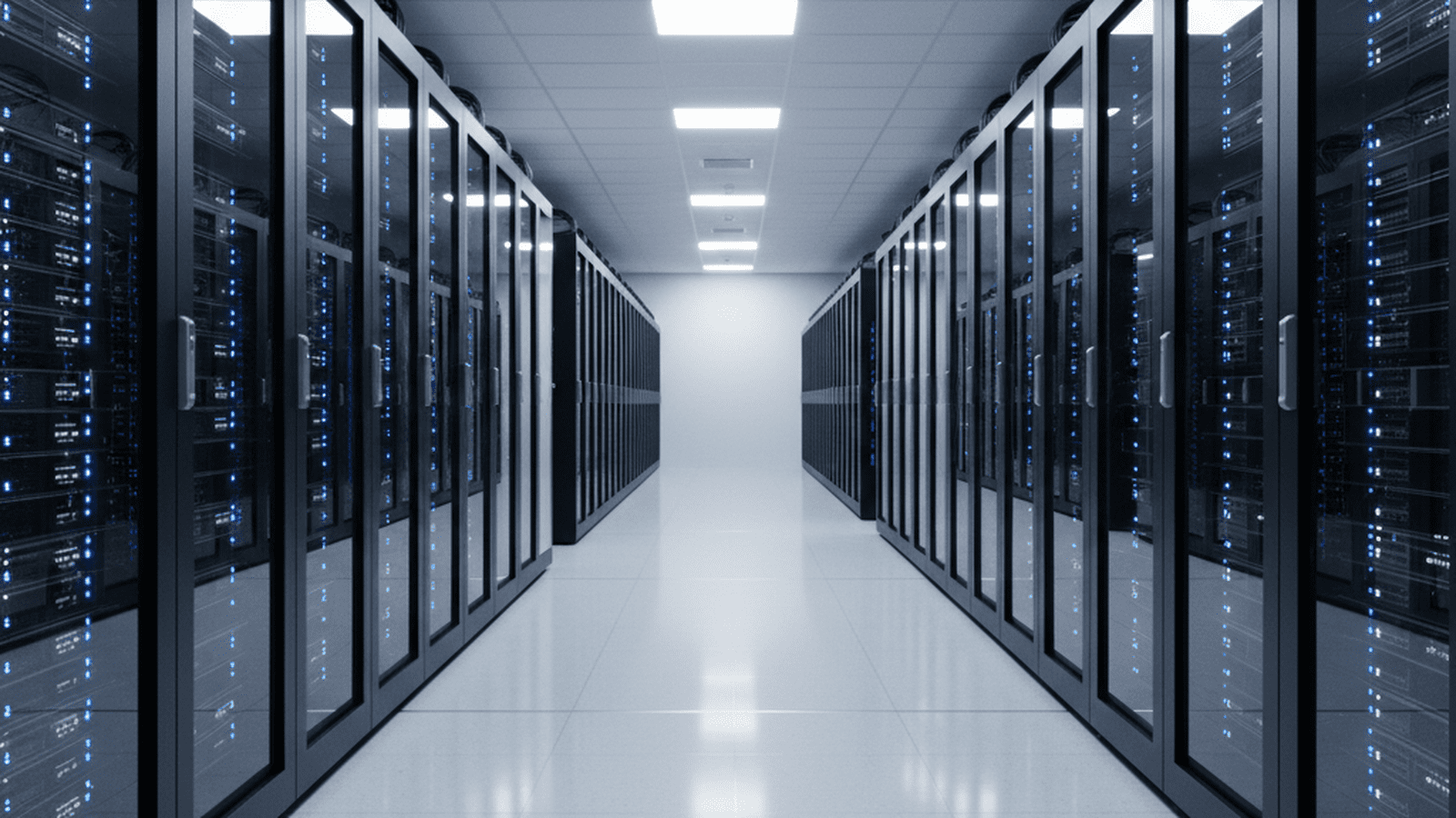 A modern data center with rows of glowing server racks representing India's new AI infrastructure.