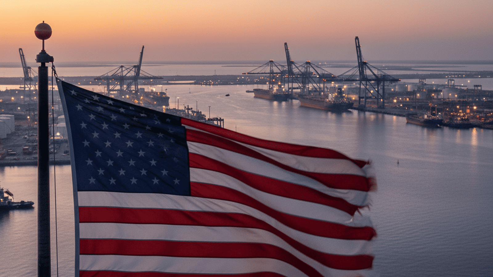 The Port of Corpus Christi in Texas shown under a clear evening sky with industrial structures in the background.
