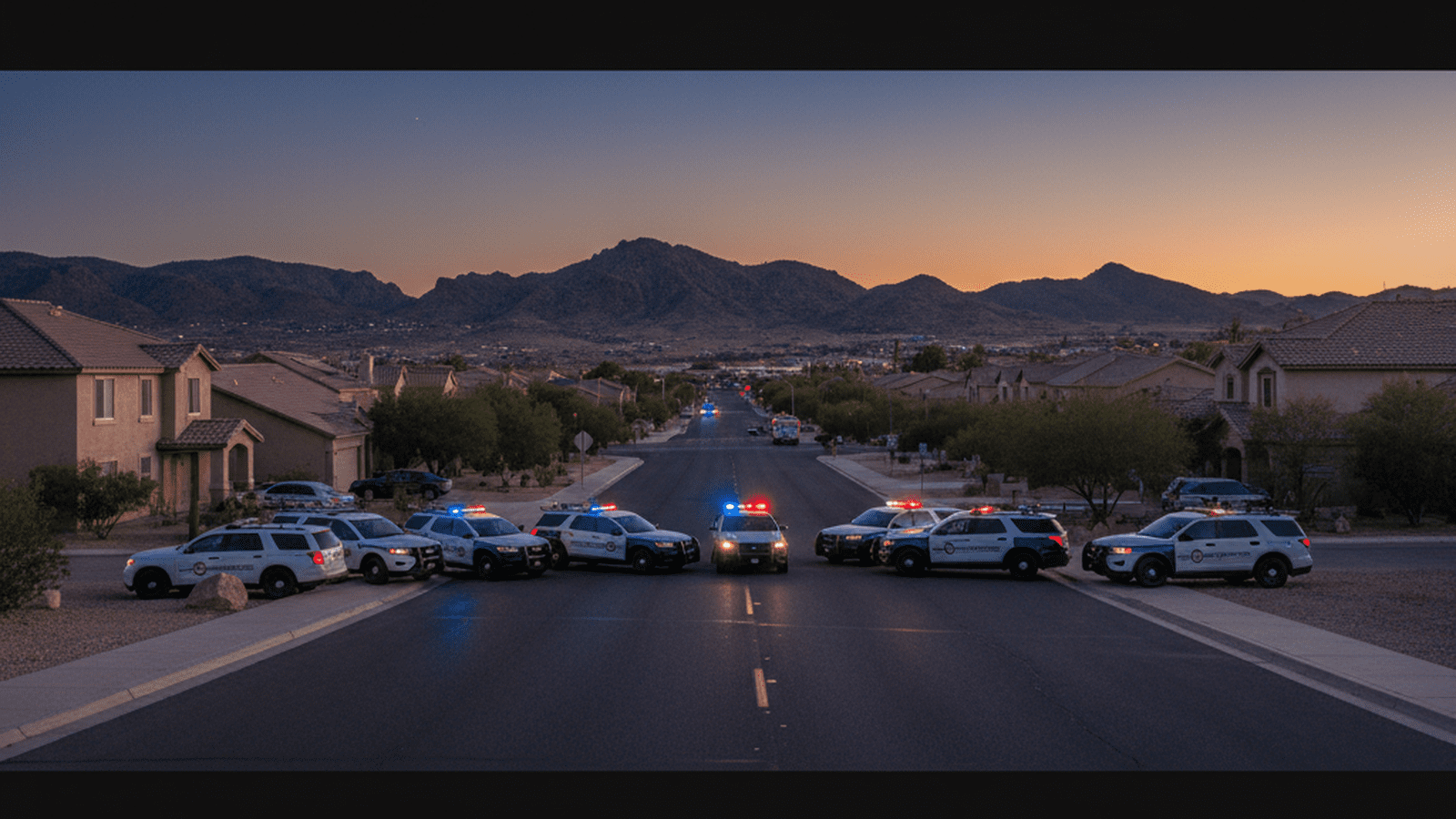 Law enforcement vehicles and forensics vans block a suburban road in Tucson, Arizona, during an investigation.
