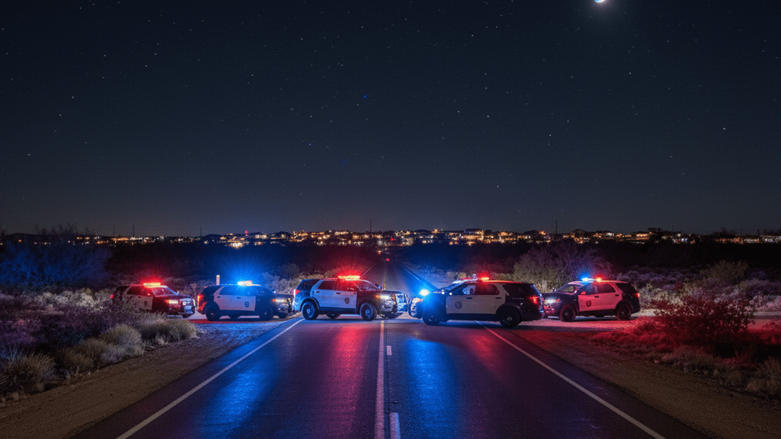 A law enforcement roadblock with several sheriff and FBI vehicles blocking a desert road at night near Tucson.