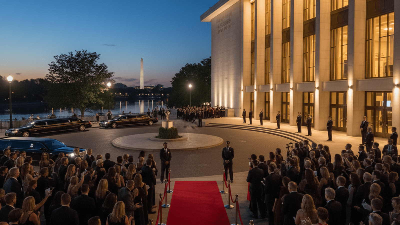 The Kennedy Center illuminated at night for a high-profile film premiere.