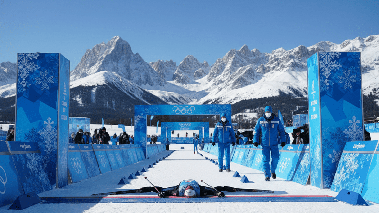 A cross-country skiing finish line in Tesero, Italy, showing the timing equipment and the snowy track.