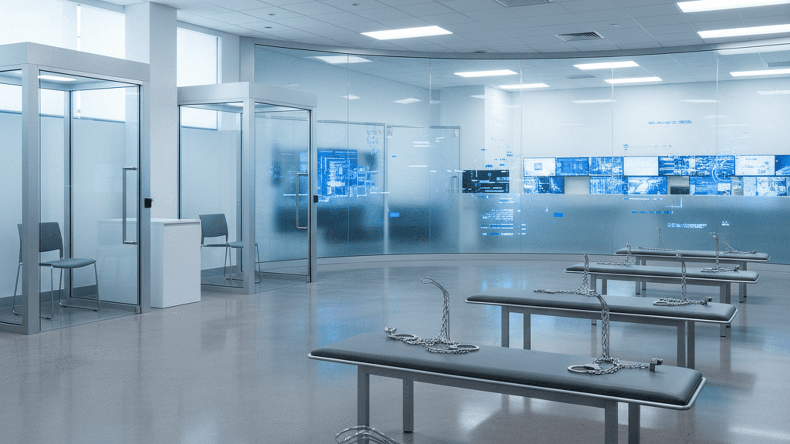 A sterile and highly organized government facility showing the tools of modern immigration enforcement.