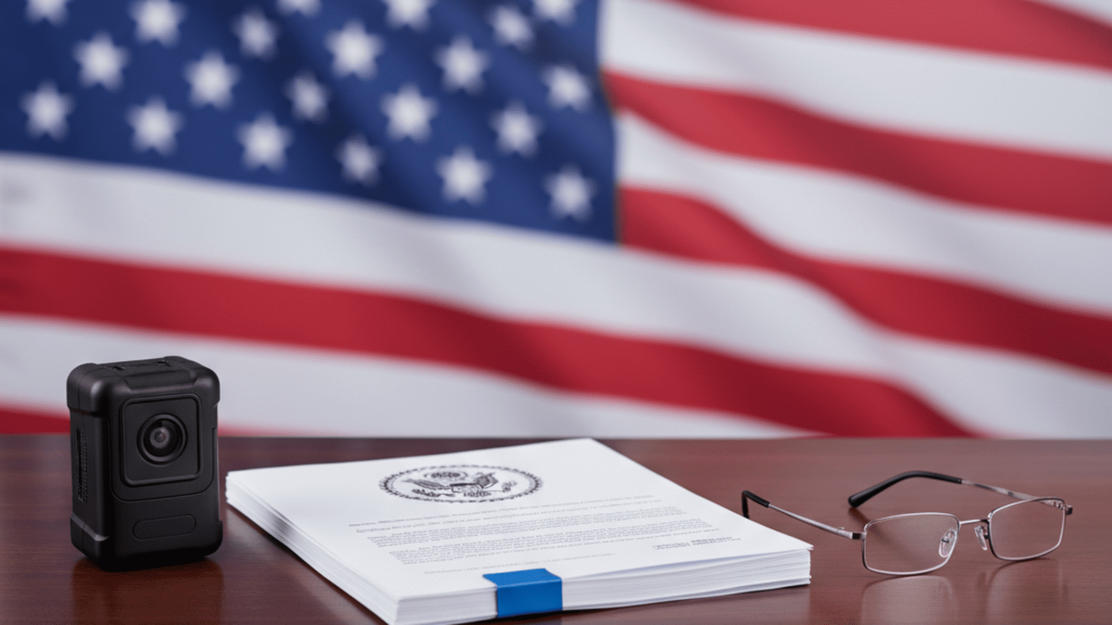 A professional desk setup featuring a body camera and federal documents, symbolizing new enforcement standards.