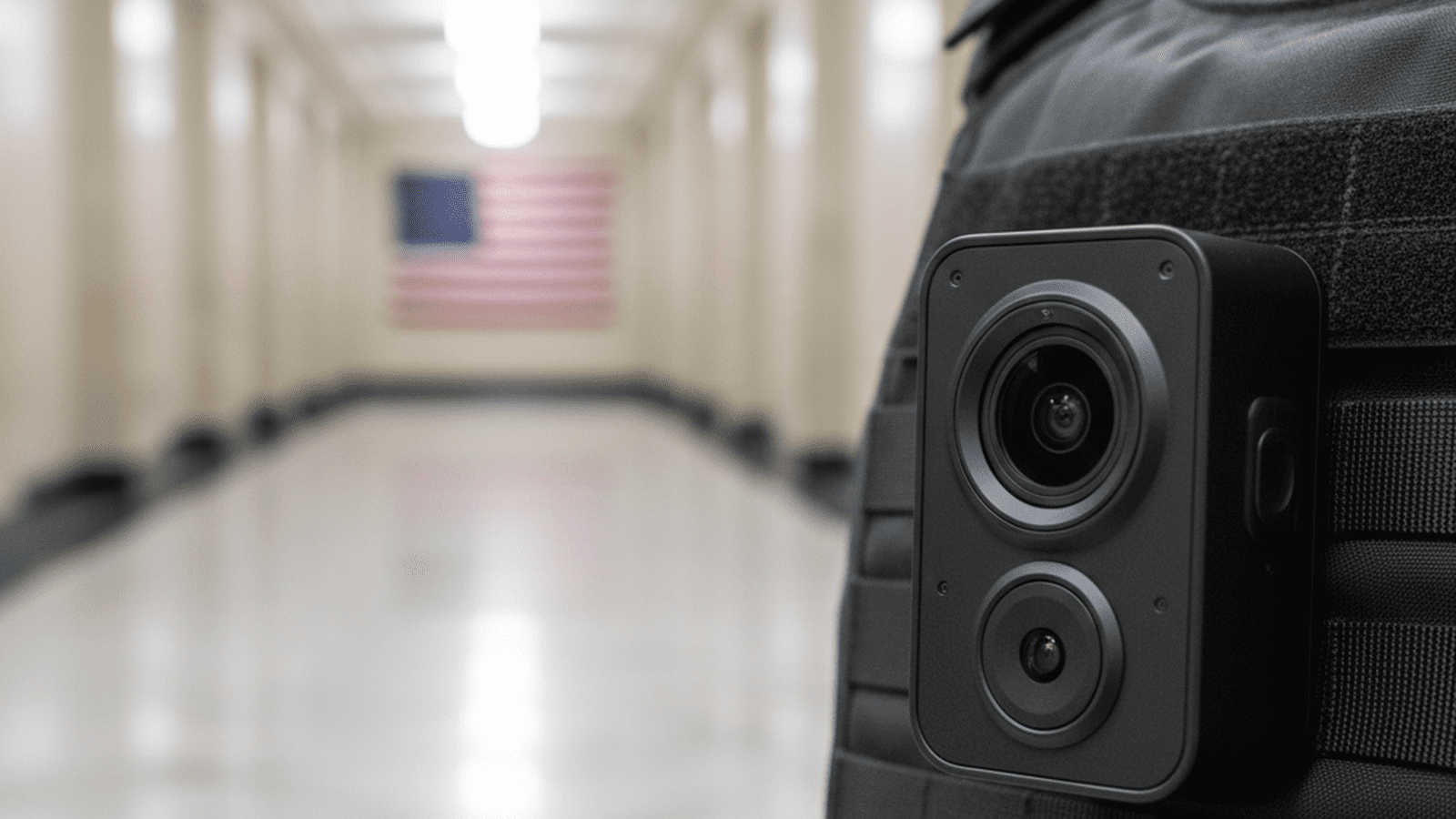 A close-up of a federal agent's body camera mounted on a tactical vest in a professional government setting.