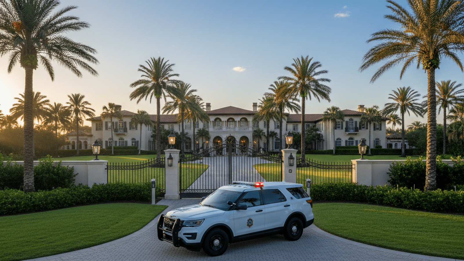 A police vehicle blocks the entrance to a secure resort perimeter under a clear morning sky.