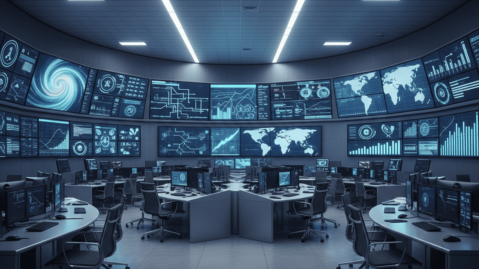 A high-tech government monitoring center with large screens displaying maps and data patterns.