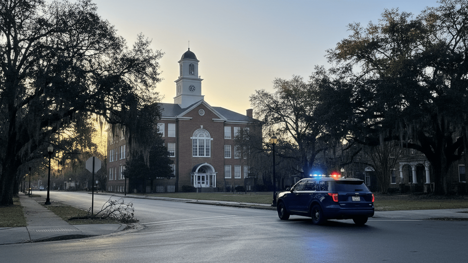 A federal law enforcement vehicle with flashing blue lights parked on a quiet street near a school.