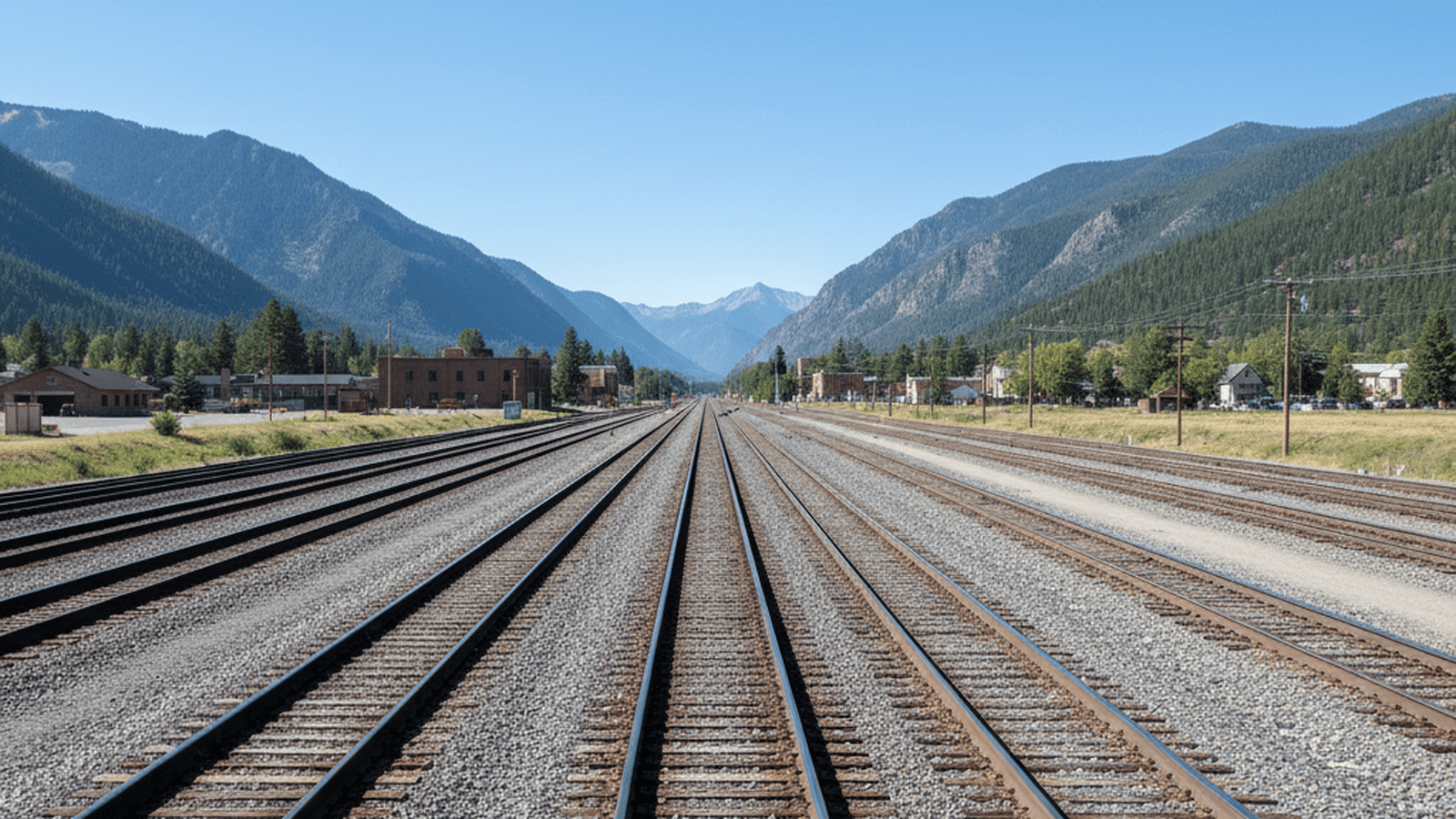 A quiet and orderly railyard in a mountain valley representing legal clarity and industrial stability.