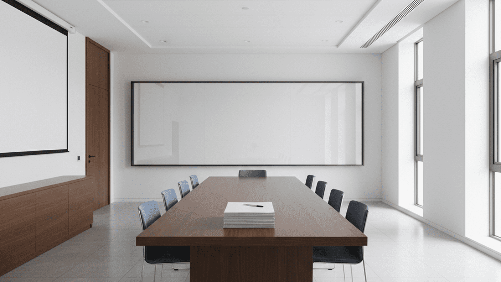 A professional and orderly government briefing room featuring a stack of official documents on a large table.