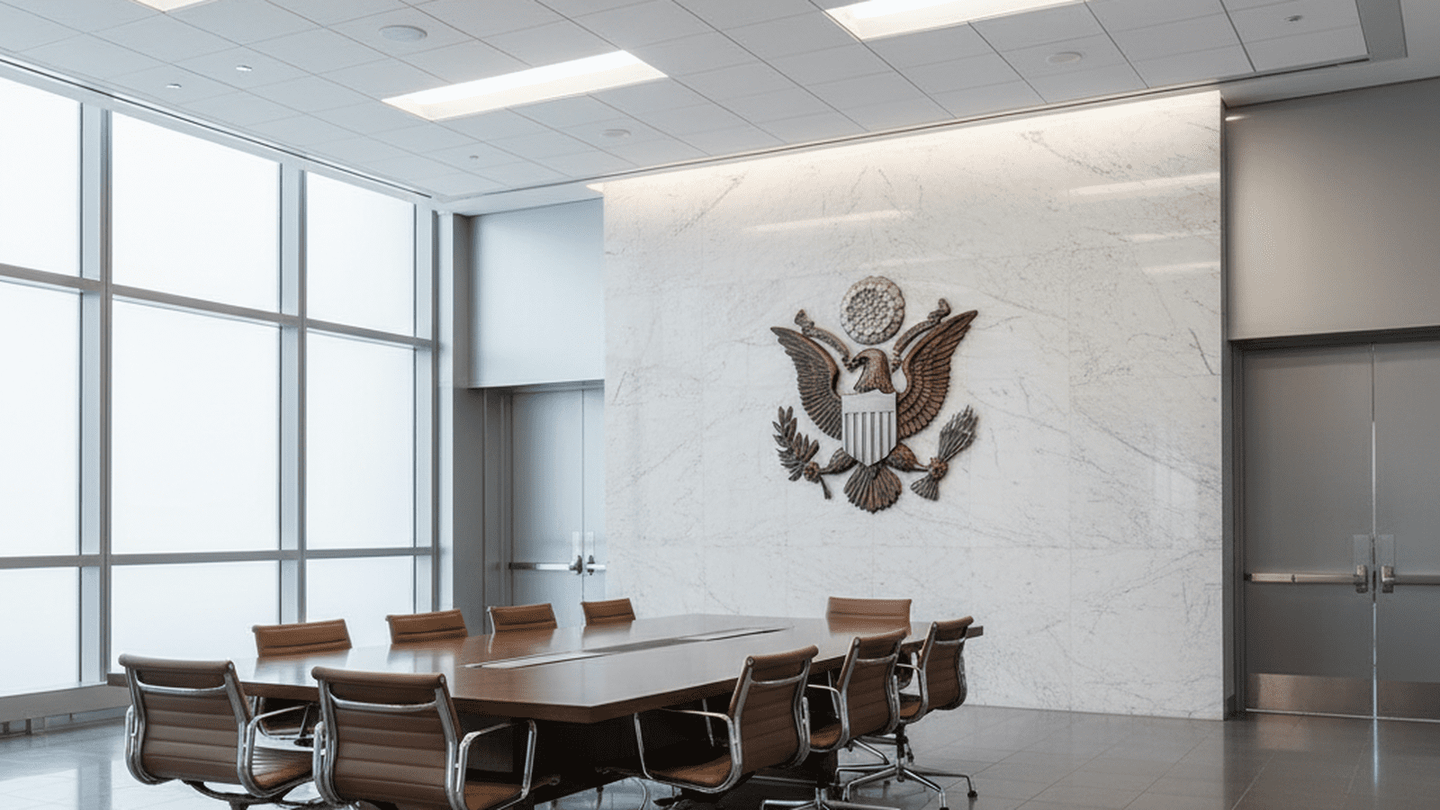 A sterile government office interior featuring a large federal seal on a marble wall.