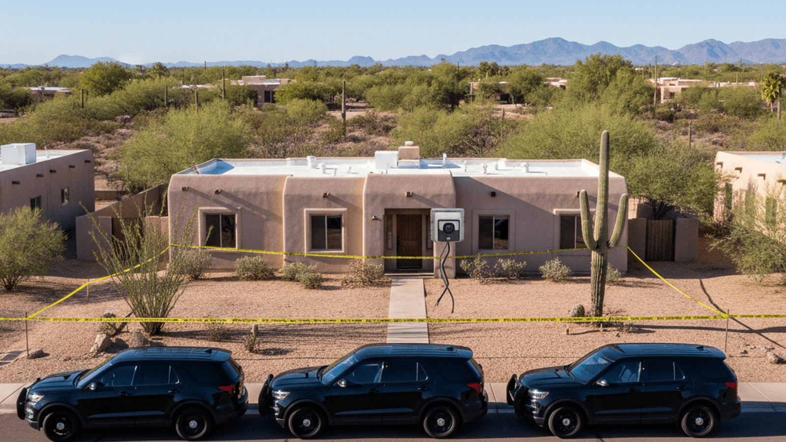 A suburban home in Tucson is cordoned off with police tape as federal vehicles sit parked nearby.