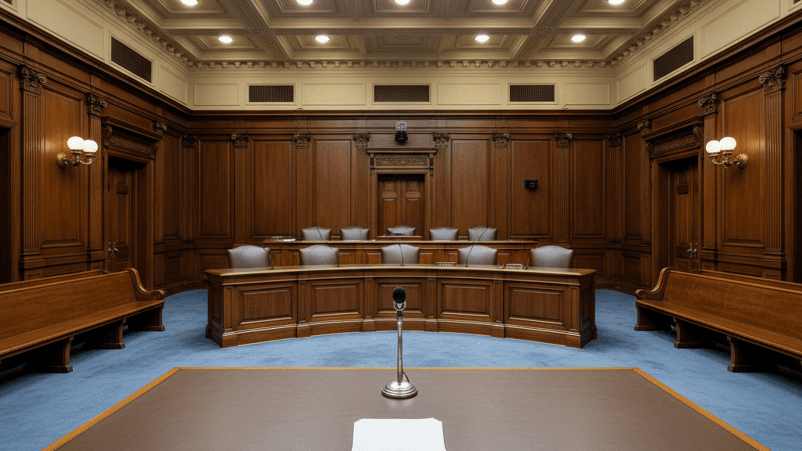 A formal and empty Capitol Hill hearing room with a witness table and microphone prepared for testimony.