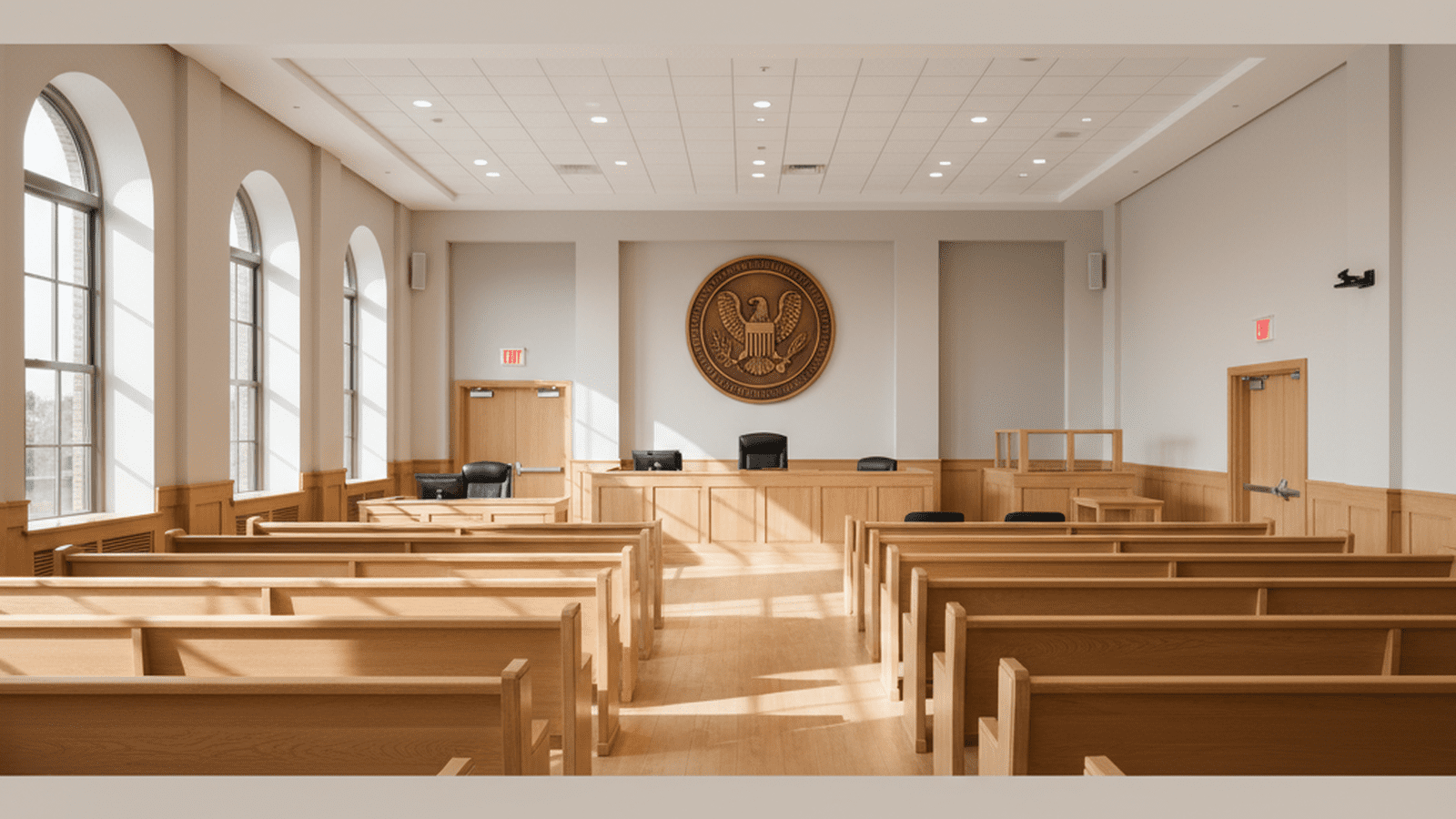 A bright, empty courtroom with a state seal on the wall represents the orderly nature of the legal system.