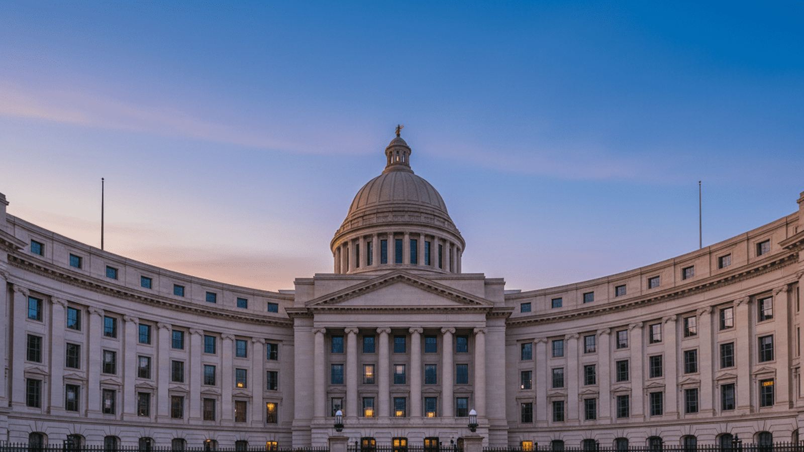 The Department of Homeland Security headquarters stands under a clear sky as funding negotiations continue in Washington.