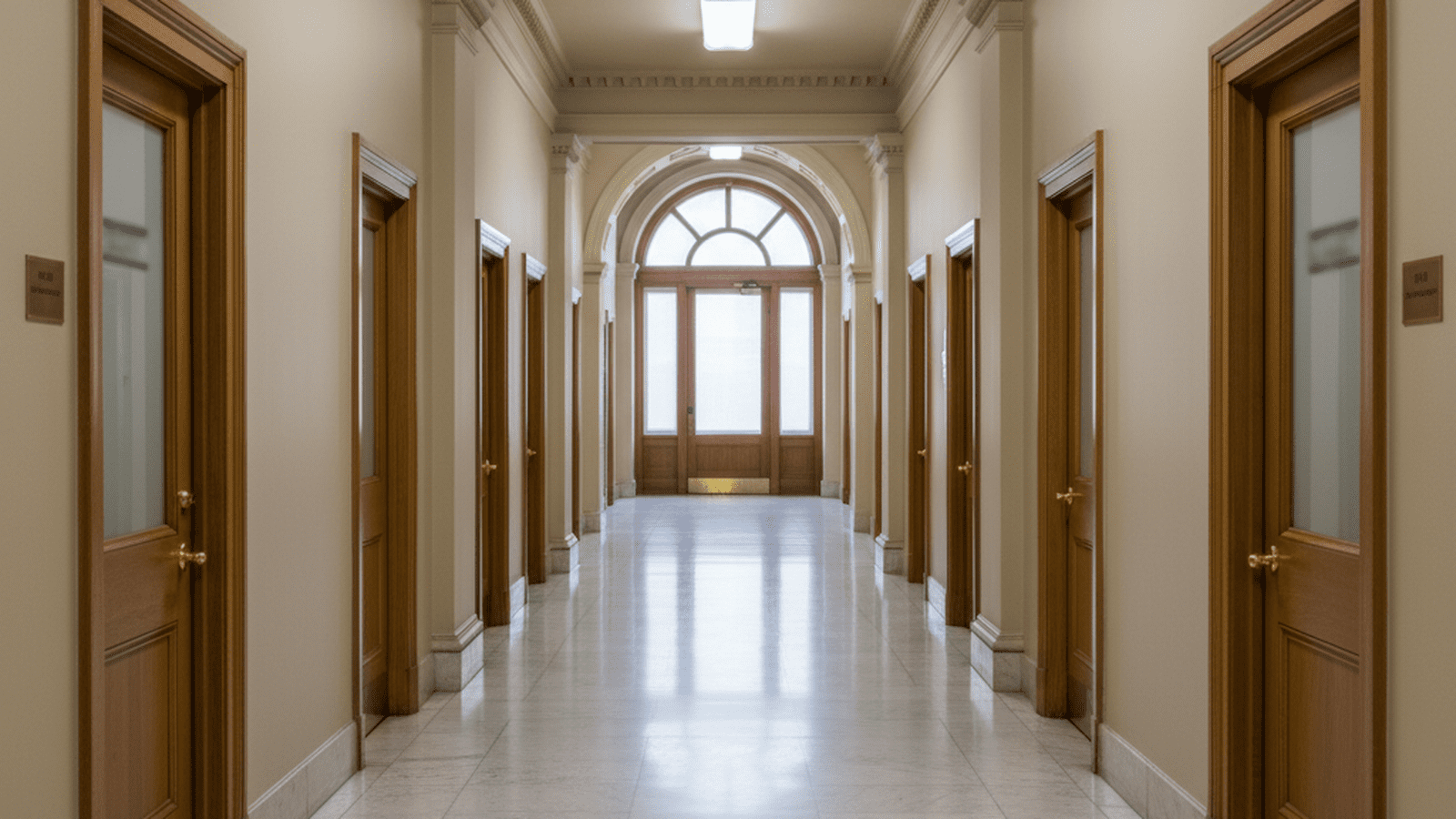 A clean and empty hallway inside a federal government building with closed office doors.